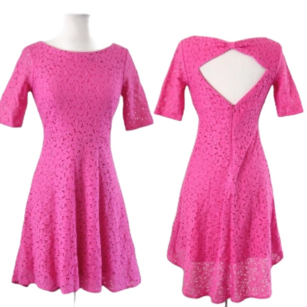 Betsey Johnson Pink Lace Dress - Hi Low 3/4 Sleeves Cut Out EUC Runs Small…